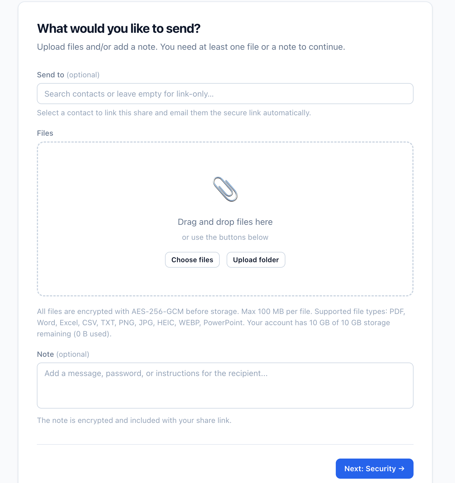 Vukorix Secure Share screen for choosing a document and adding a note to the recipient before creating the share