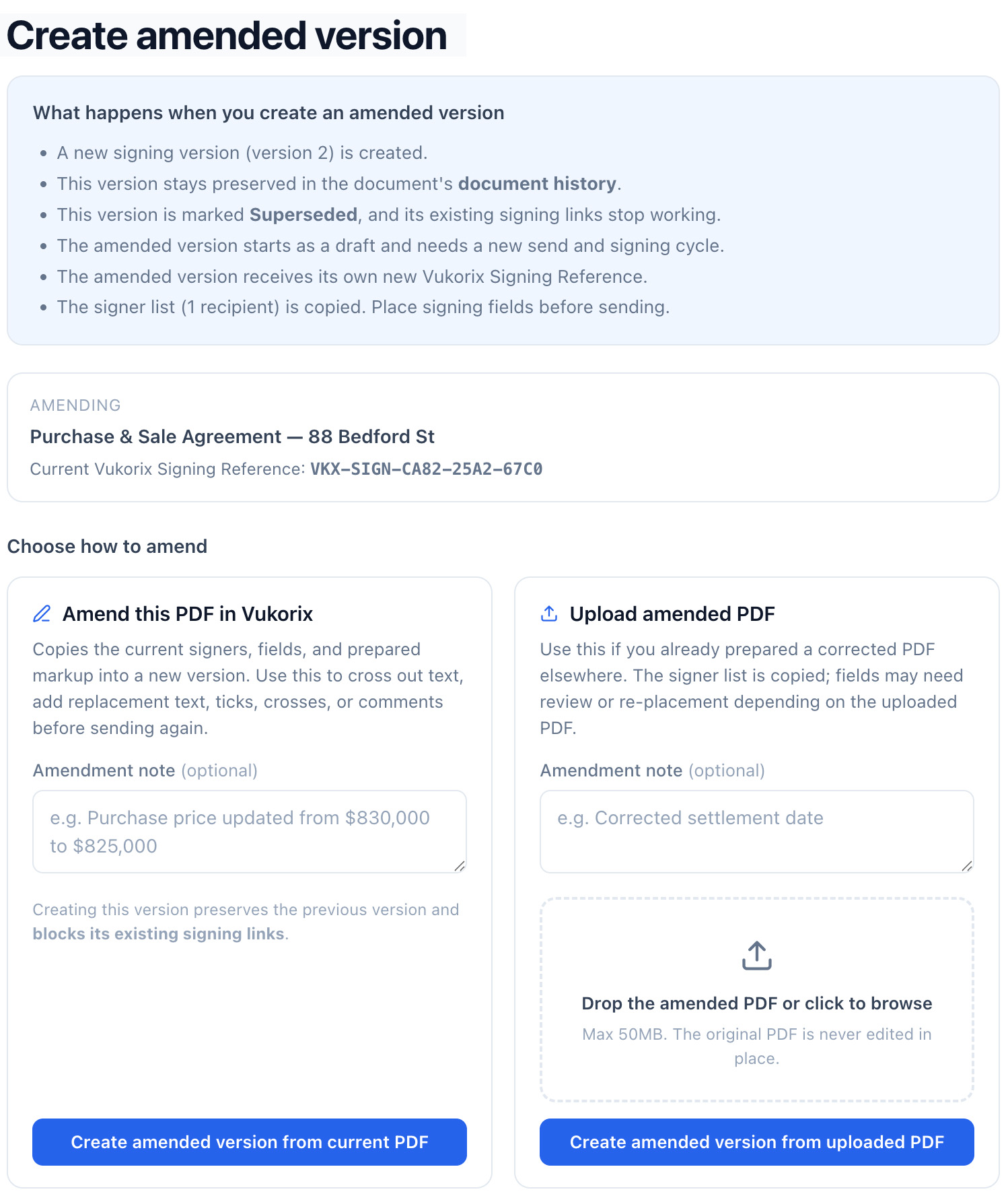 Vukorix E-Sign create amended version screen that supersedes the original document and preserves history
