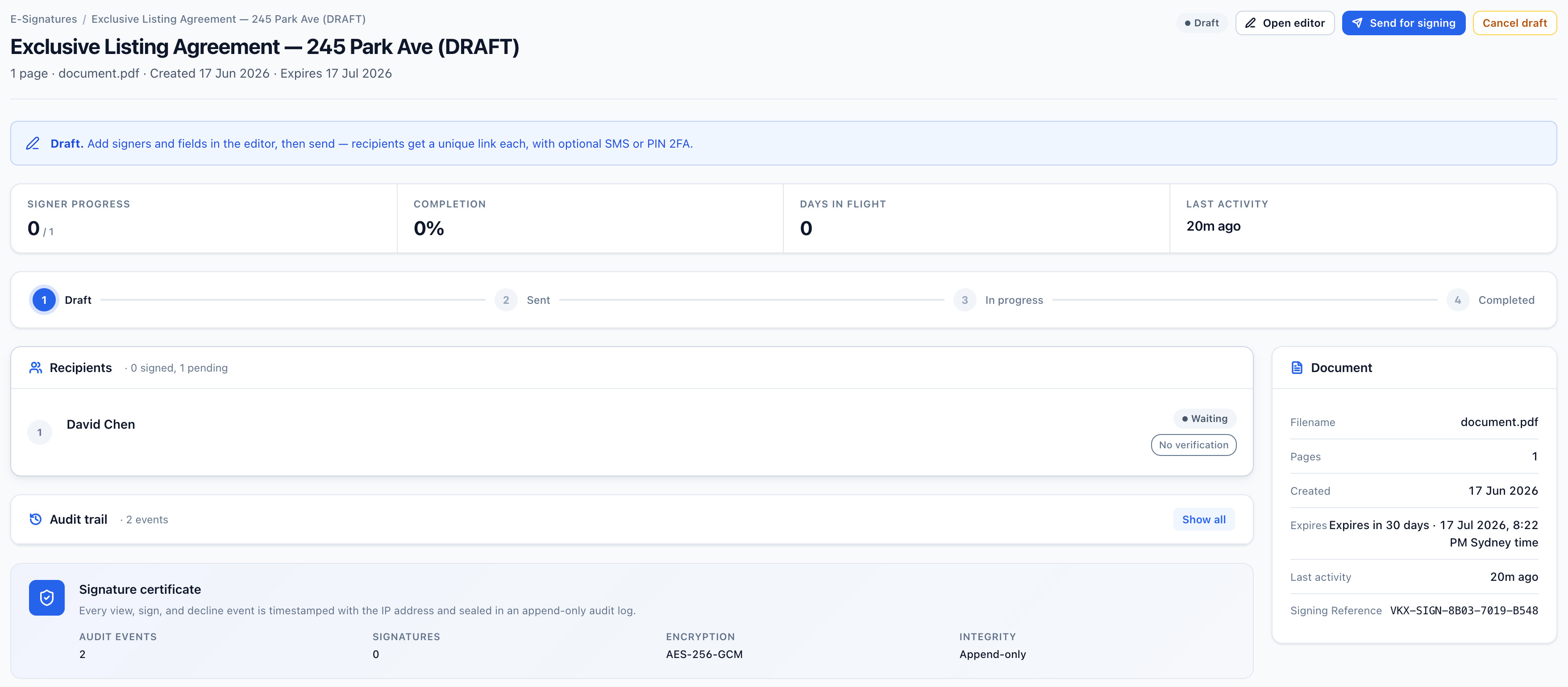 Vukorix E-Sign document overview showing signer progress, audit trail and signature certificate for a document out for signature