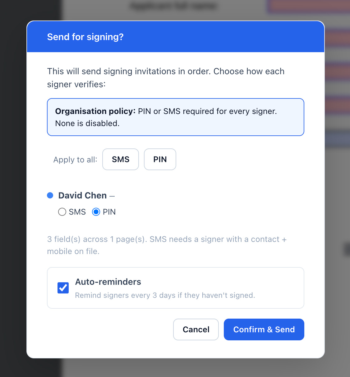 Vukorix E-Sign send dialog with per-signer PIN or SMS verification and automatic reminders