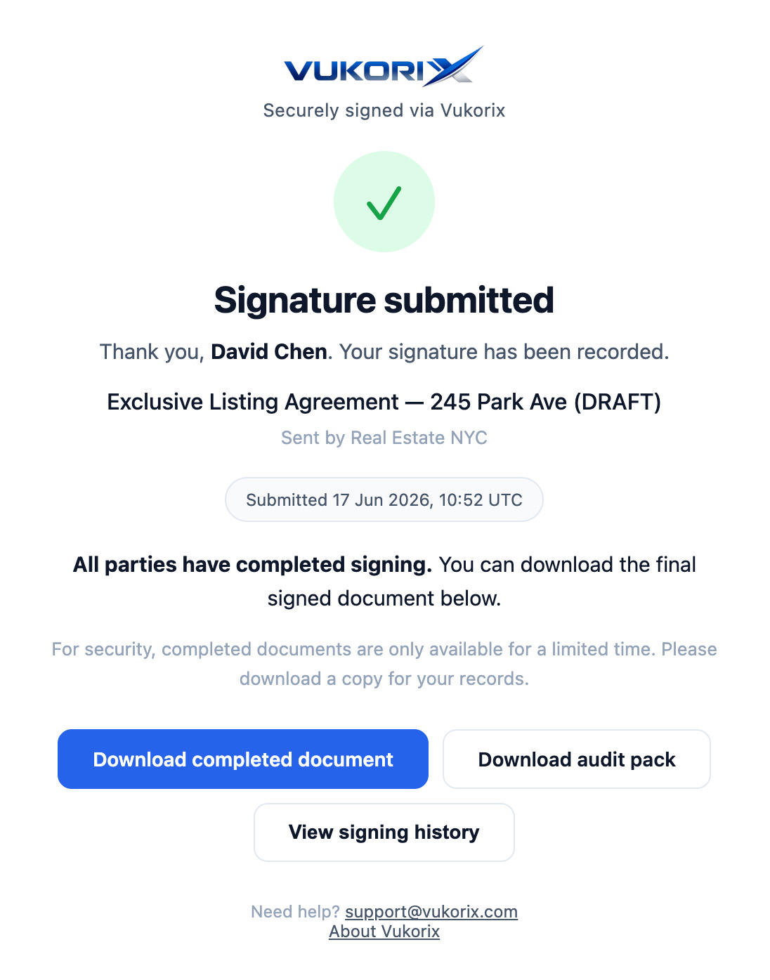 Vukorix E-Sign confirmation that a signer has submitted their signature in the browser