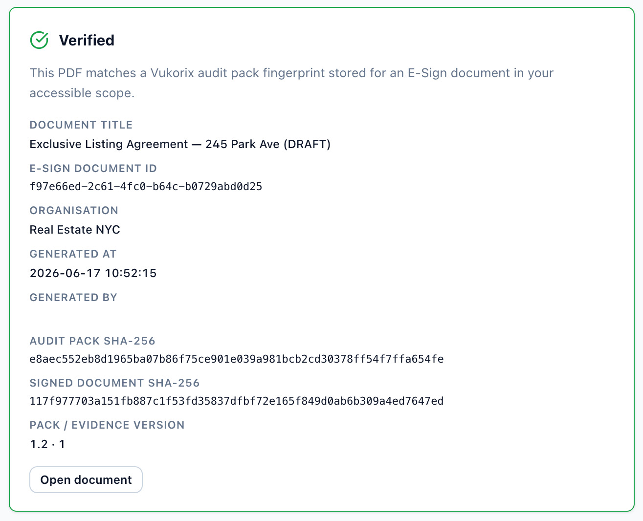 Vukorix E-Sign result showing completed document details
