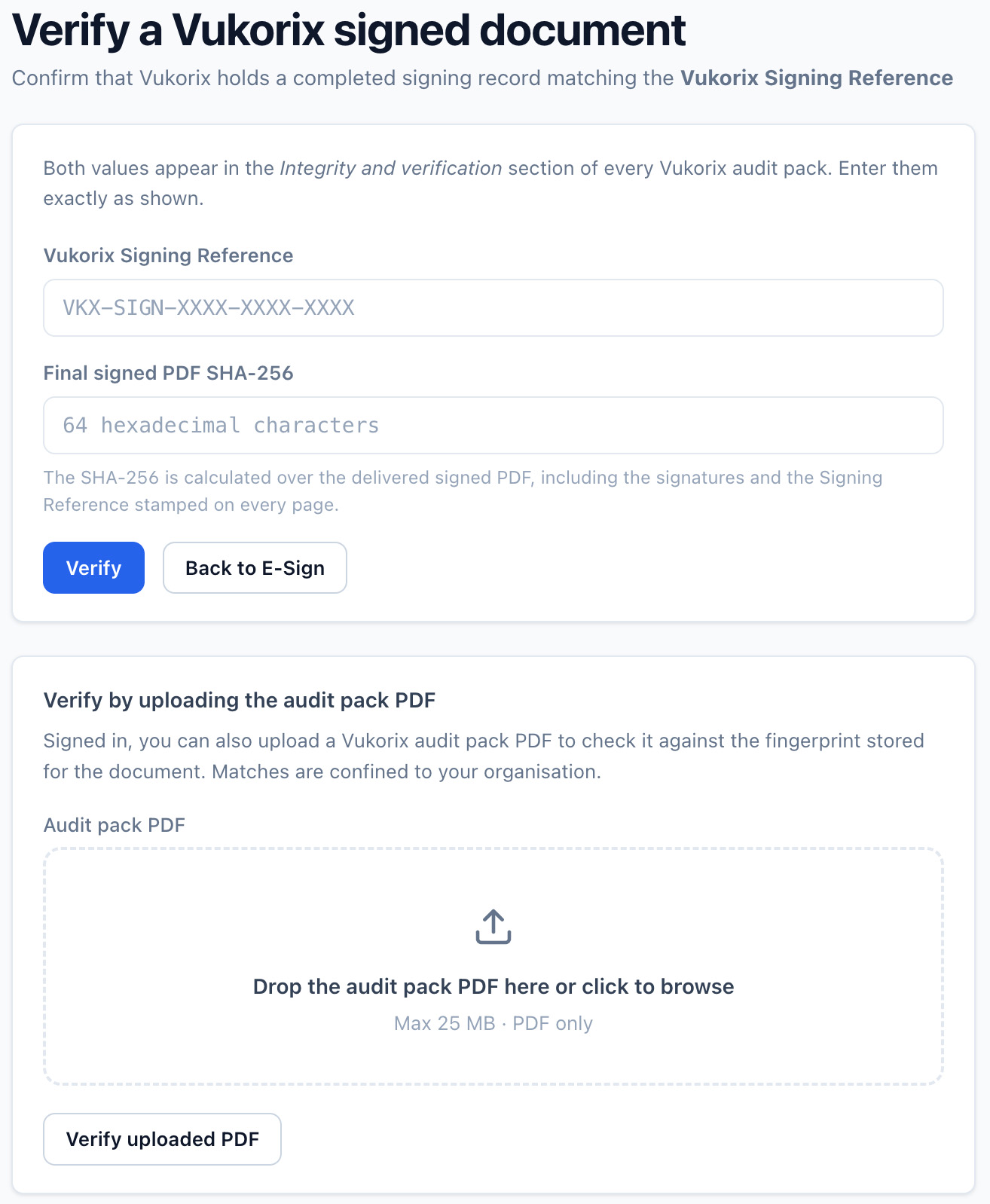 Vukorix E-Sign screen for reviewing a completed document record
