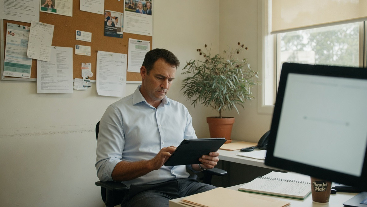 A broker reviewing documents on a tablet in a small office.