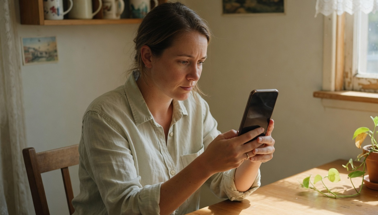A client at a kitchen table opening a document link on their phone.