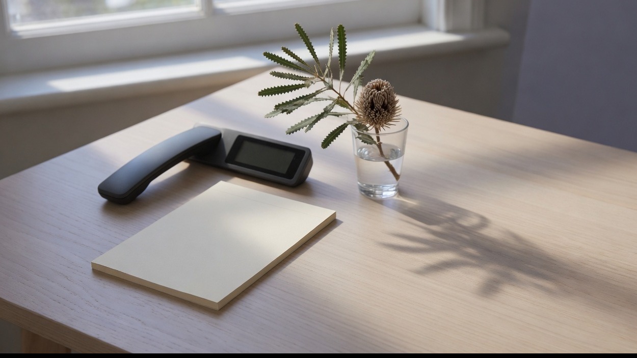 A notepad, a telephone and a banksia stem on a pale desk.