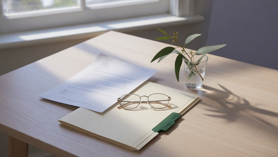 A quiet desk in morning light: a document, glasses, a cream folder and a sprig of eucalyptus.