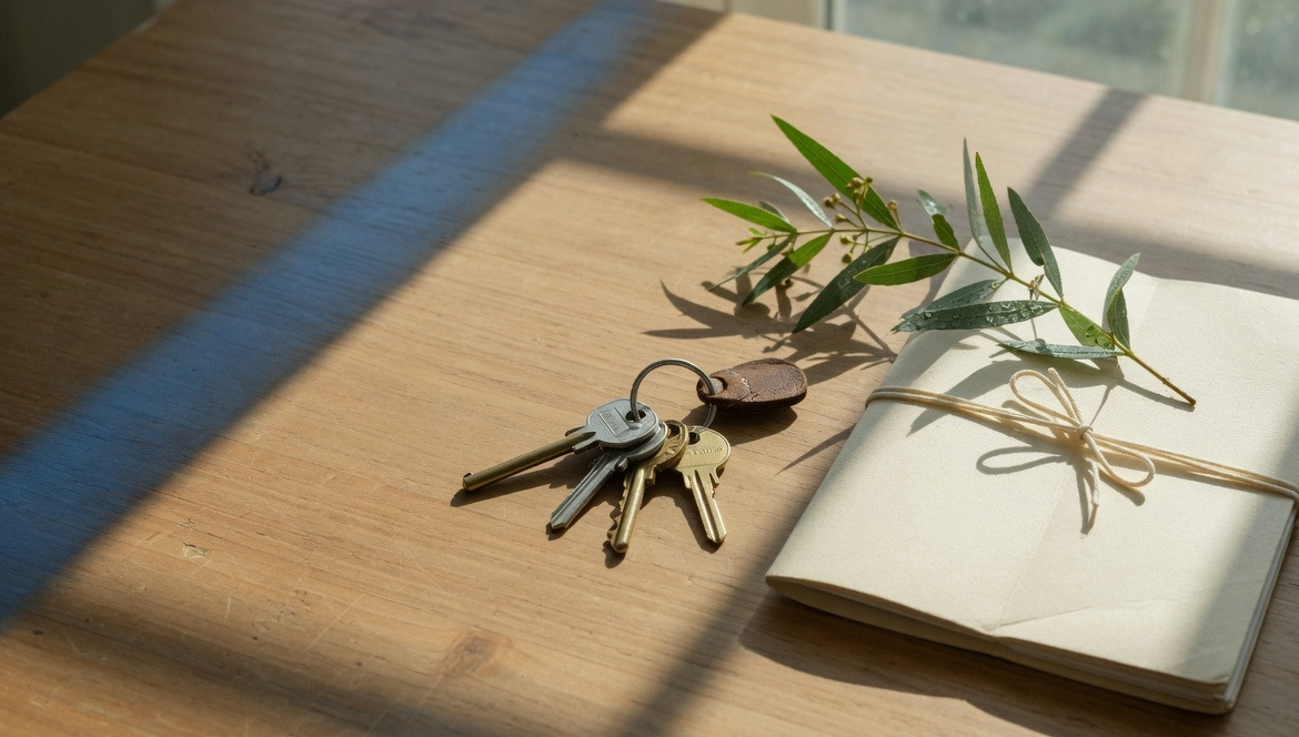 House keys and a tied folder on a sunlit timber desk.