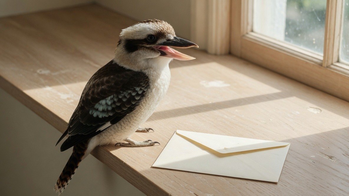 A kookaburra on a timber windowsill beside a cream envelope.