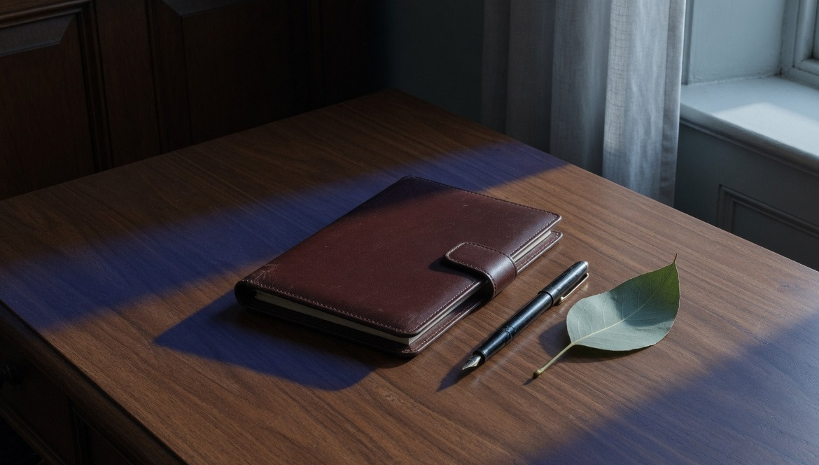 A leather folio and fountain pen on a walnut desk.