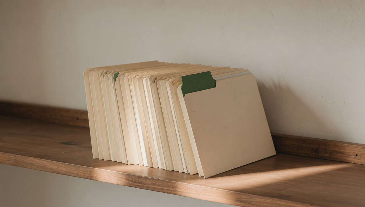 A row of cream folders on a timber shelf, one with a green tab.