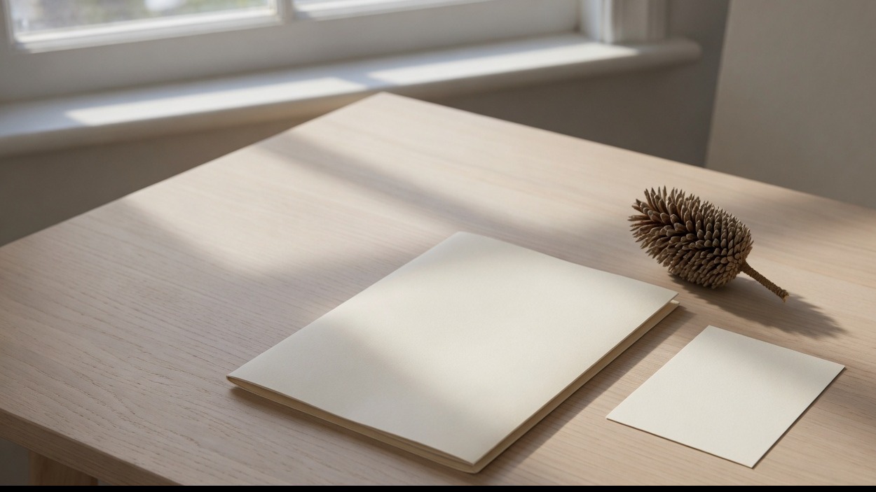 A closed folder set apart from a small blank card, with a banksia cone between them.