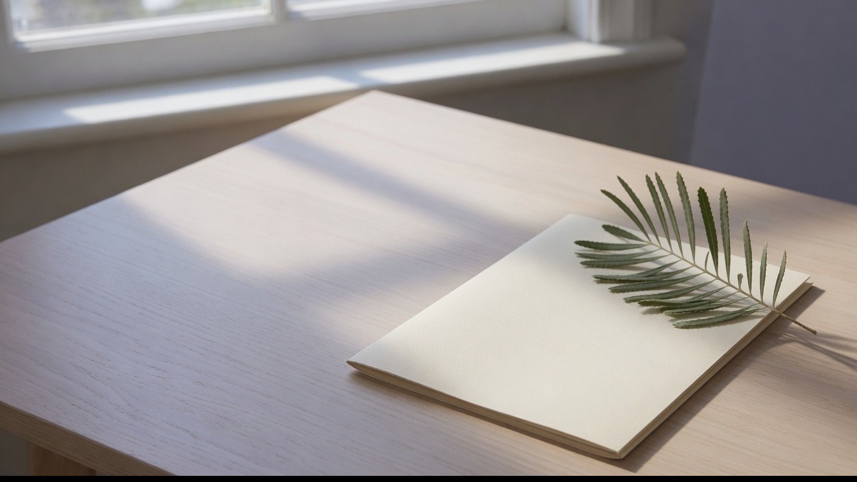 A single closed folder and a banksia leaf on an otherwise empty desk.