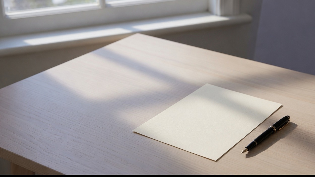One blank page and a pen on a wide empty desk.