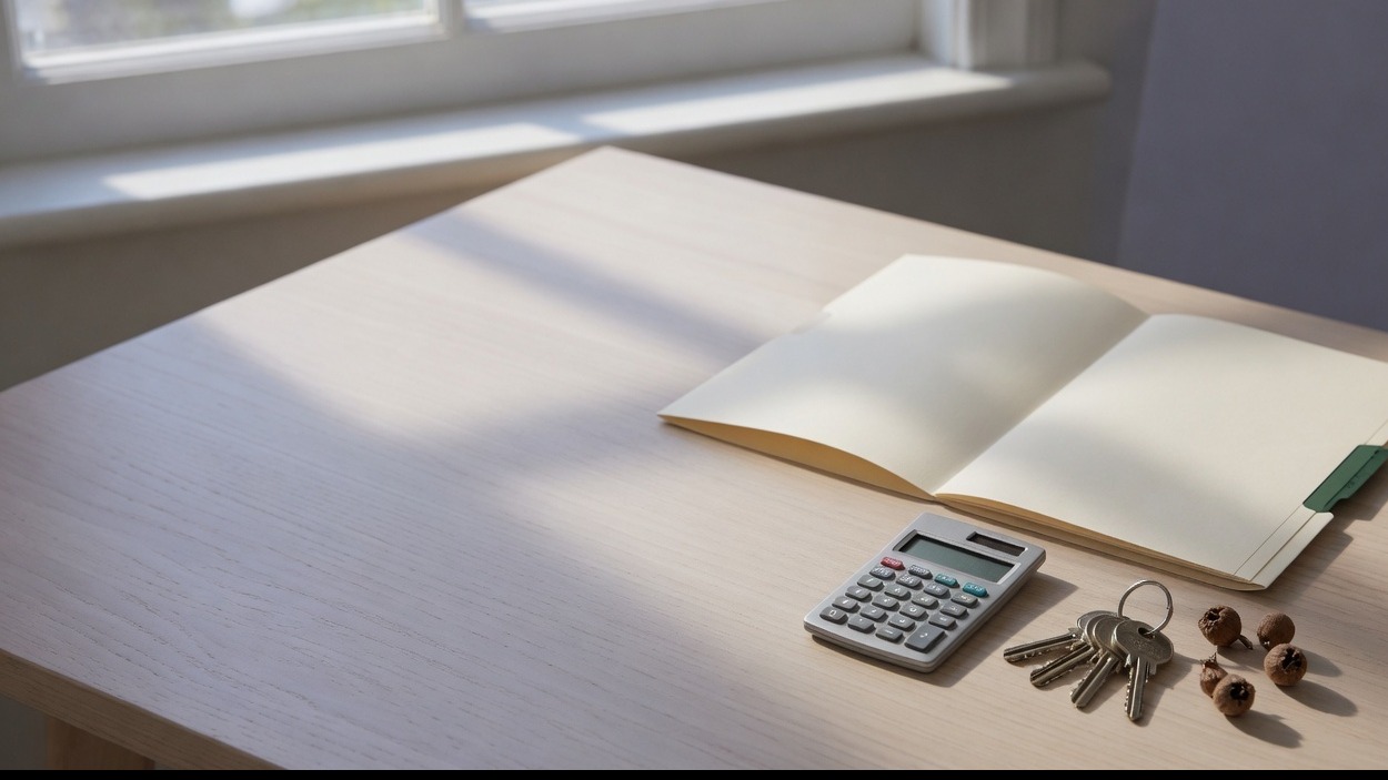 An open file, a calculator, house keys and gumnuts.