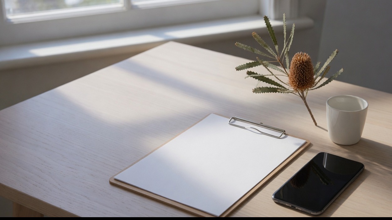 A phone with the screen off, a blank clipboard and a banksia stem.