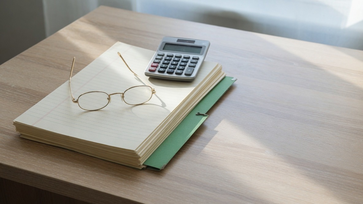Workpapers, a calculator and reading glasses on a pale desk.