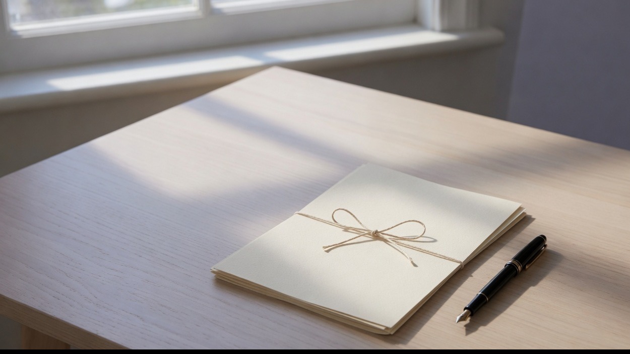 Blank sheets tied with string, and a pen set beside them.
