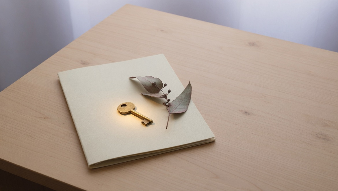 A brass key and a eucalyptus sprig on a closed cream folder.