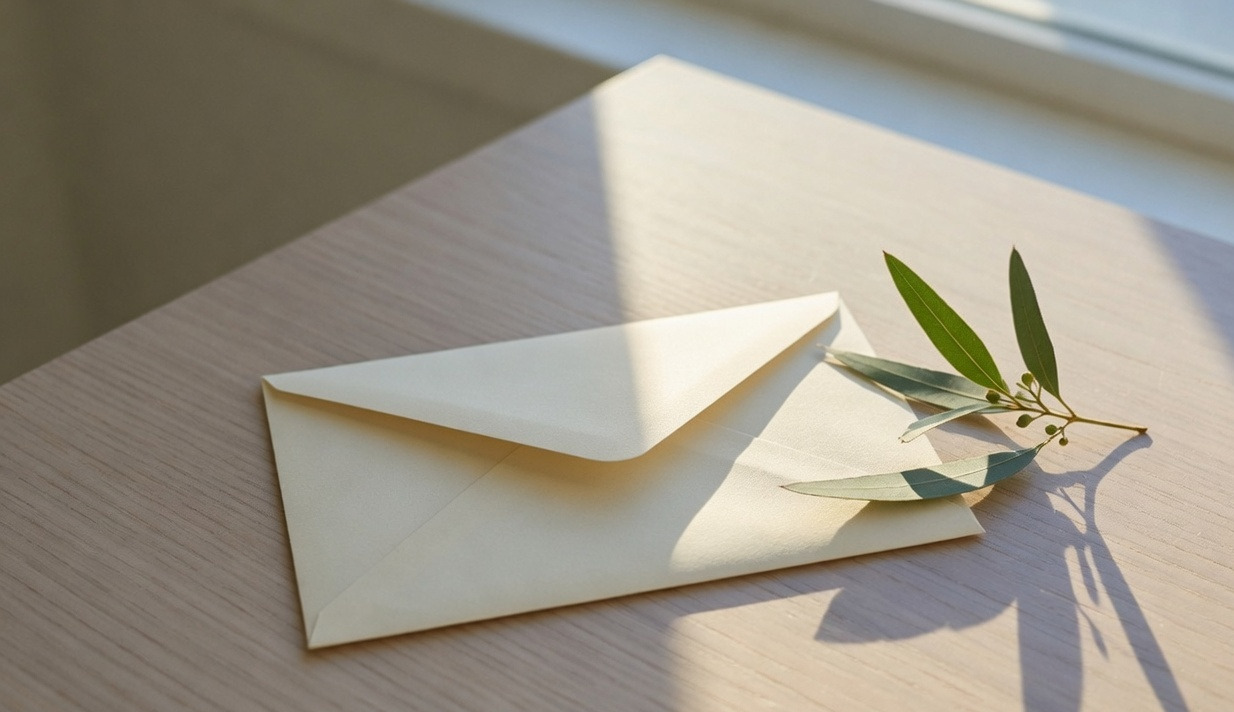 A closed cream envelope and a eucalyptus sprig on a timber desk.