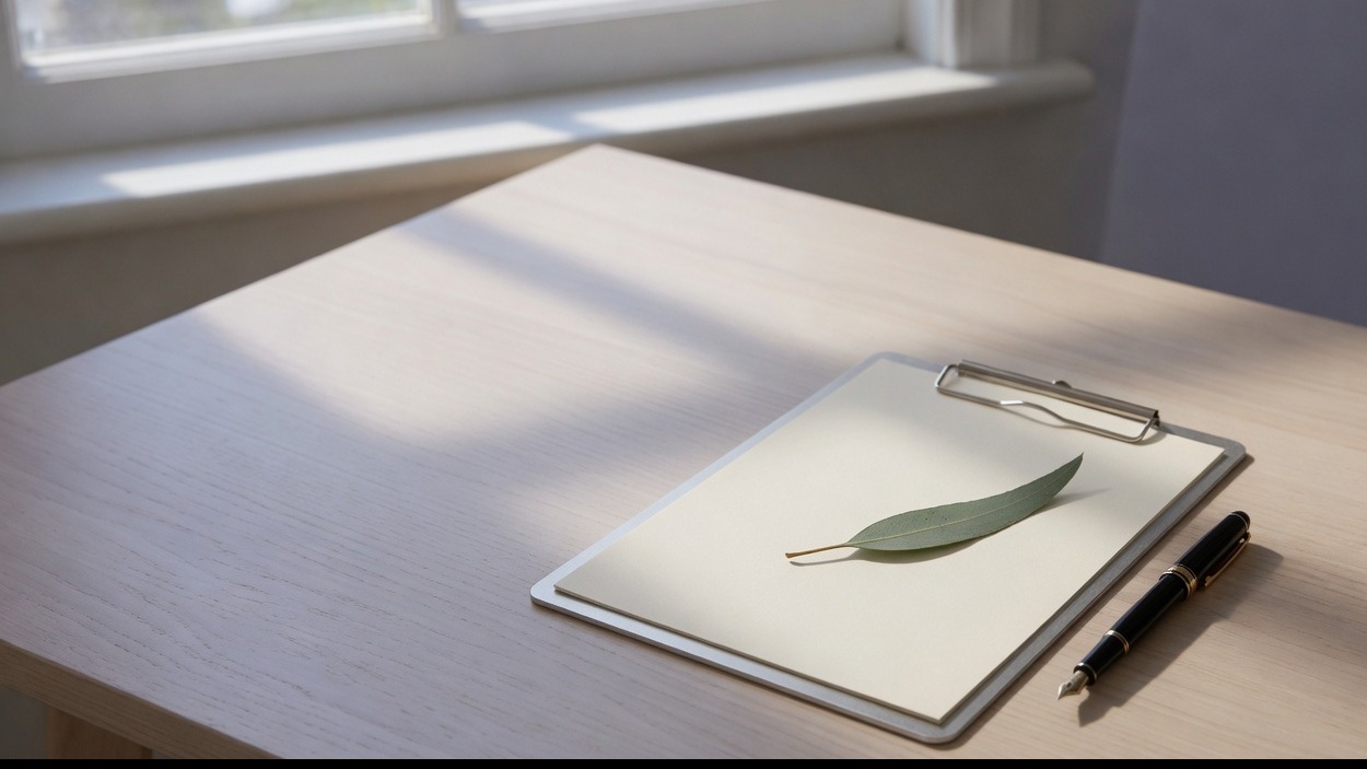 A blank page on a clipboard, a gum leaf and a pen.