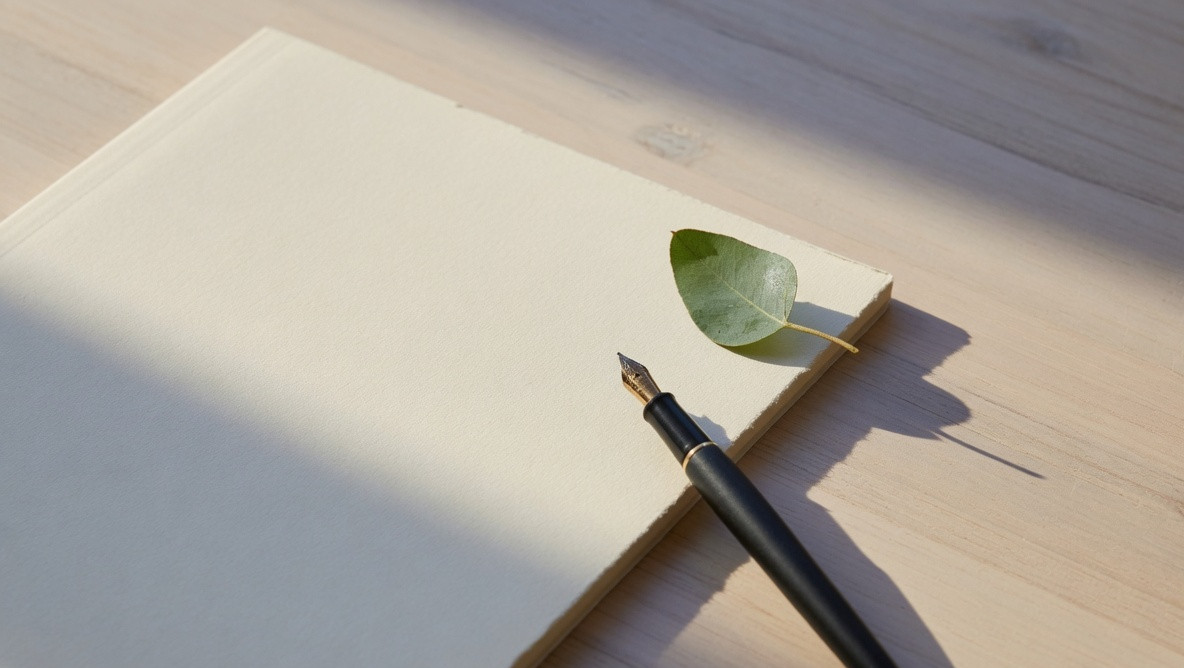 A fountain pen and a eucalyptus leaf on a blank document.