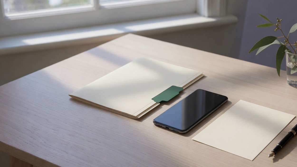A folder, a phone and a blank page with a pen.
