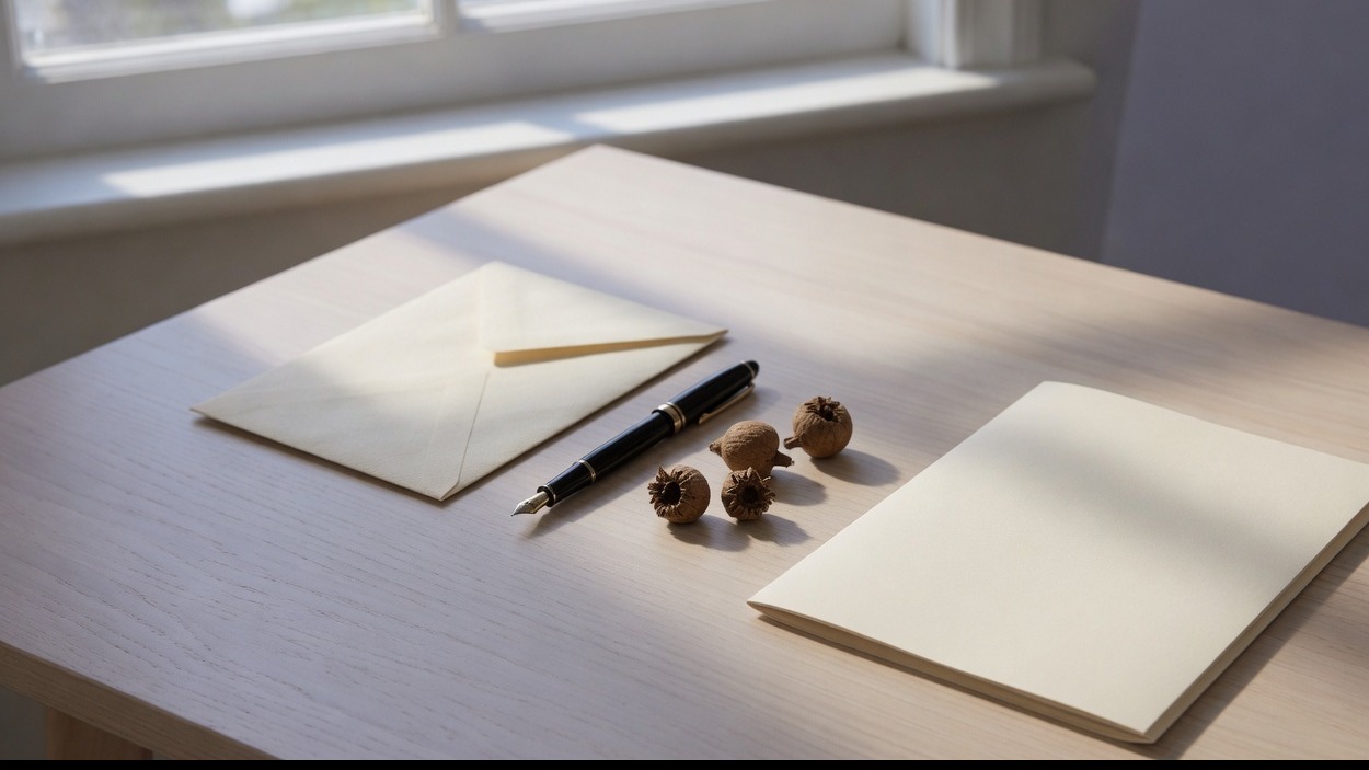 An envelope, a pen and a folder in a row, with a few gumnuts.